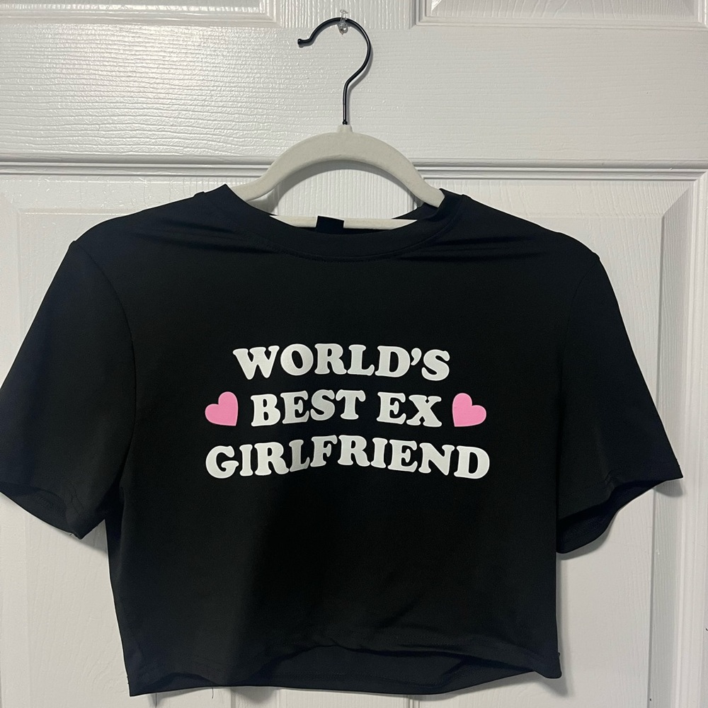 Black Crop Top with White and Pink Text